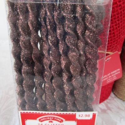 3 new rolls of burlap ribbon, 1 new pkg icicle ornaments