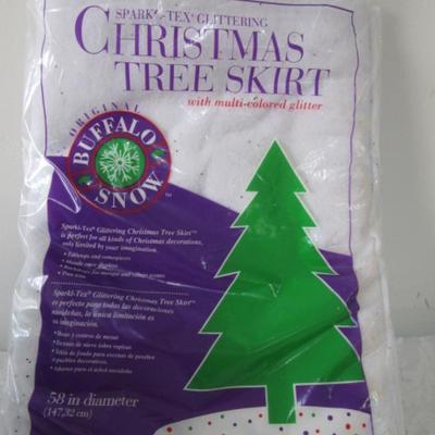 7 strings of beads, 2 crocheted snowflakes, pkg 3 bulbs, Tree skirt