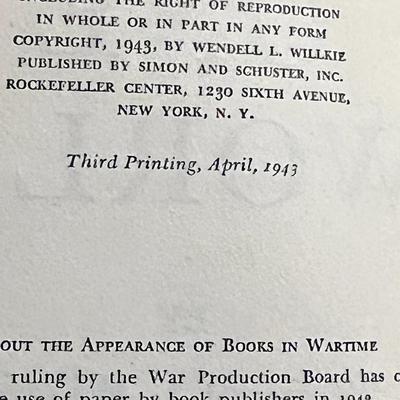 Sale Photo Thumbnail #41: Original 1943 wartime hardcover edition of One World by Wendell L. Willkie, published by Simon & Schuster. This is the Third Printing (April 1943), produced under wartime material restrictions, noted inside the book. Black cloth boards with Willkie's facs