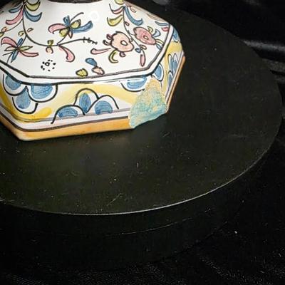 Hand-Painted Portuguese Faience Apothecary Jar for Nora Fenton — Signed “Dina” — Hexagonal Lidded Urn (14”)