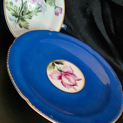 Vintage Royal Sealy Japan Teacup & Saucer Set — Cobalt Blue with Hand-Painted Florals and Gold Trim