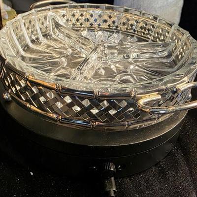 Mid-Century Modern Divided Relish Dish with Silver Carrier — Vintage Glass Serveware & Retro Elegance