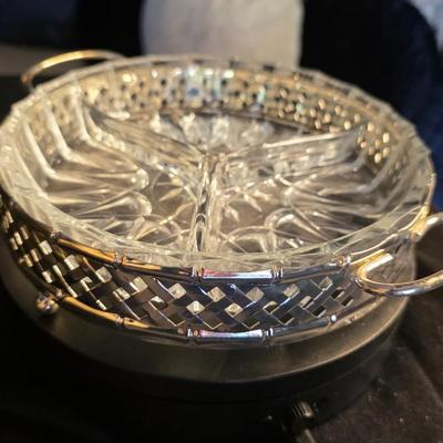 Mid-Century Modern Divided Relish Dish with Silver Carrier — Vintage Glass Serveware & Retro Elegance
