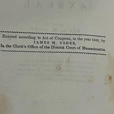 Sale Photo Thumbnail #49: Beautiful mid-19th century Victorian gift annual published by James M. Usher in 1848. Features an ornate embossed cloth binding with gilt floral basket design on the front cover and decorative Victorian border work. Includes the original binder’s emboss