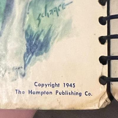 Sale Photo Thumbnail #52: Vintage 1945 spiral-bound children’s book titled Animal Friends, published by The Hampton Publishing Co. Features charming full-color illustrations including the iconic white cat with beach ball cover art. Book shows age-related wear, staining, and edge