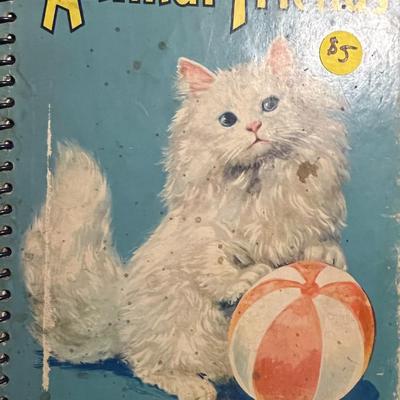 Sale Photo Thumbnail #51: Vintage 1945 spiral-bound children’s book titled Animal Friends, published by The Hampton Publishing Co. Features charming full-color illustrations including the iconic white cat with beach ball cover art. Book shows age-related wear, staining, and edge