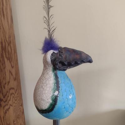 Hand Made Pottery Bird Statue- Signed by Artist- Approx 44 1/2" Tall