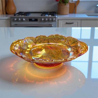 Sale Photo Thumbnail #87: Indiana glass Sunflower Marigold Carnival Glass Handled Relish or Pickle Dish  Approximately 9.5" long