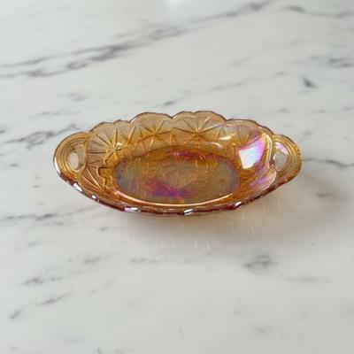 Sale Photo Thumbnail #86: Indiana glass Sunflower Marigold Carnival Glass Handled Relish or Pickle Dish  Approximately 9.5" long