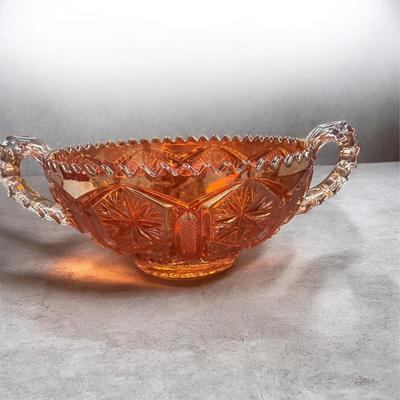 Sale Photo Thumbnail #93: Imperial Marigold Carnival Glass Two Handled Bowl with th Star and File Pattern  Approximately 9" Wide