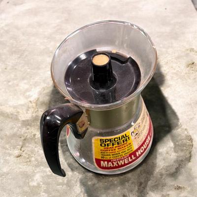 Sale Photo Thumbnail #95: Vintage Promotional Maxwell House Coffee Maker with The Gold Atomic starburst Pattern on the Side.  this pot was produced in the 1960 and 1970 era by Corning