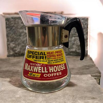 Sale Photo Thumbnail #97: Vintage Promotional Maxwell House Coffee Maker with The Gold Atomic starburst Pattern on the Side.  this pot was produced in the 1960 and 1970 era by Corning