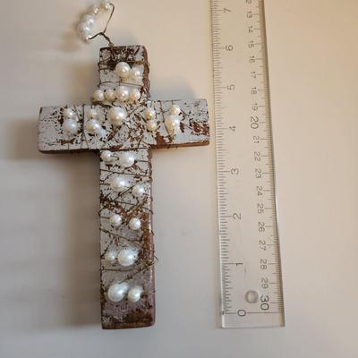 Sale Photo Thumbnail #396: This auction lot is for Three Crucifix. These handsome renditions speak volumes to those who seek. One is a quite artistic and pearlized cross, another is of Holy Land Olive Wood and the other is a nice polished wood cross.