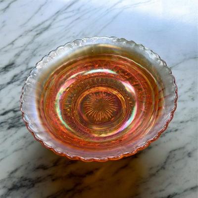 Sale Photo Thumbnail #100: Imperial Carnival Glass Scroll Embossed Iridescent Marigold Bowl   Approximately 9" wide