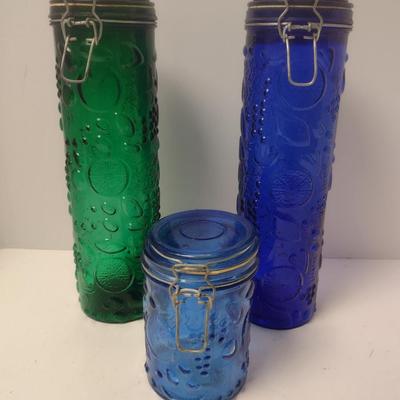 Embossed Glass Bale Top Jars/Canisters- Three Pieces