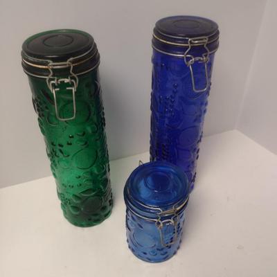 Embossed Glass Bale Top Jars/Canisters- Three Pieces