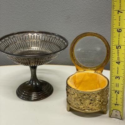 Silver plate pedestal bowl and gold tone trinket box