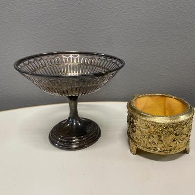 Silver plate pedestal bowl and gold tone trinket box