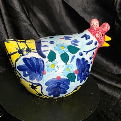 Vintage CBK Hand-Painted Ceramic Hen Figurine - Blue Floral Chicken Decor Piece