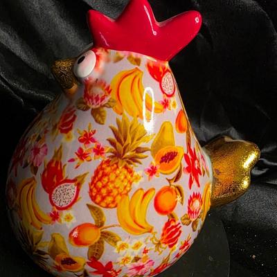 Vintage Pomme Pidou Ceramic Chicken Piggy Bank - Tropical Fruit Pattern Money Bank