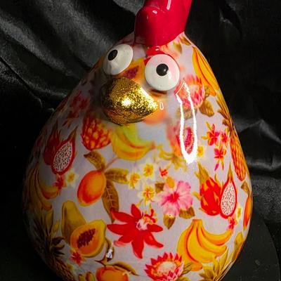 Vintage Pomme Pidou Ceramic Chicken Piggy Bank - Tropical Fruit Pattern Money Bank