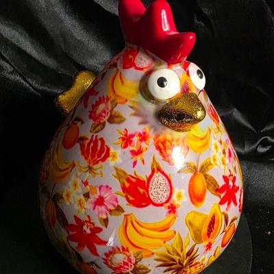 Vintage Pomme Pidou Ceramic Chicken Piggy Bank - Tropical Fruit Pattern Money Bank