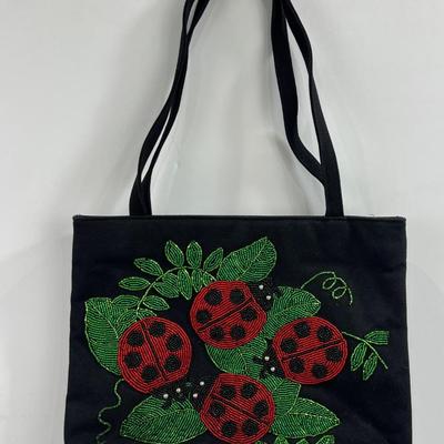 Beaded Lady Bug Bag, Canvas and Beads