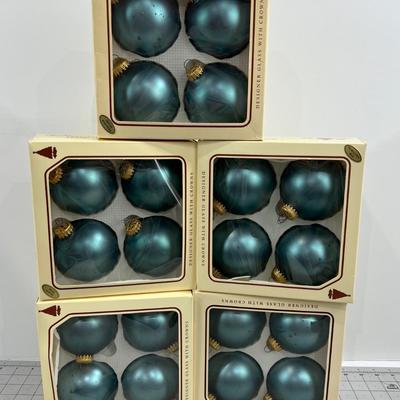 5 Boxes, All New and All Blue Glass Ornaments 