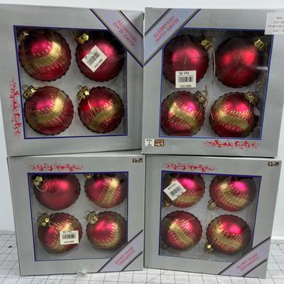 4 Pink, Fuchia Color  and Gold Boxes of NEW Glass Ornament