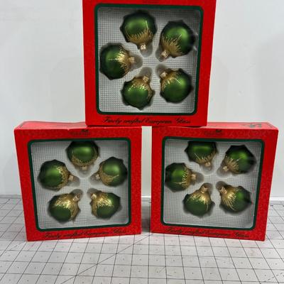 3 Boxes of New Green Ornaments - 5 in each box. 
