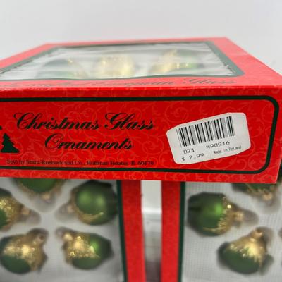 3 Boxes of New Green Ornaments - 5 in each box. 