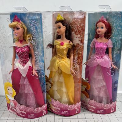 3 Disney Sparkling Princess, Bell, Ariel and Sleeping Beauty 