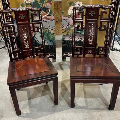 2 Mother of Pearl Inlay Chairs Wood Asian Hardwood 
