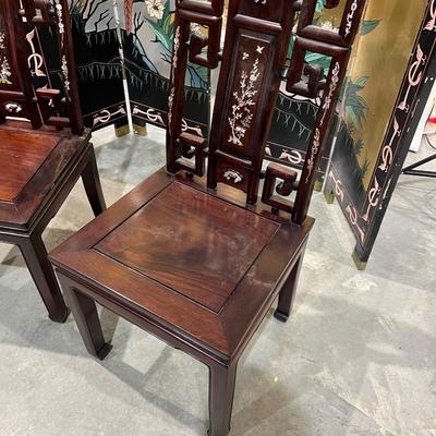 2 Mother of Pearl Inlay Chairs Wood Asian Hardwood 
