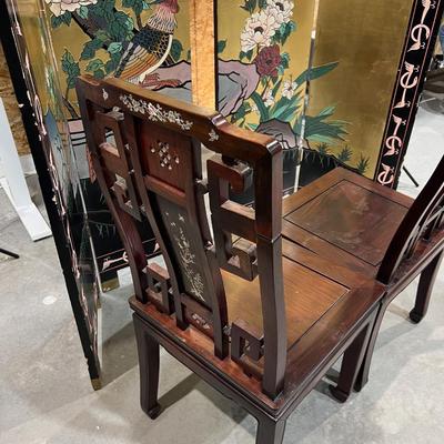 2 Mother of Pearl Inlay Chairs Wood Asian Hardwood 