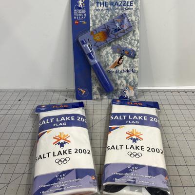 A bit of Olympic Memoribilia:2 Flags, Torch and Rattle 