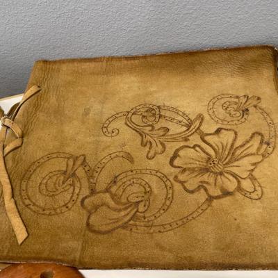Wood flower frog, bookmark, leather binding and frame
