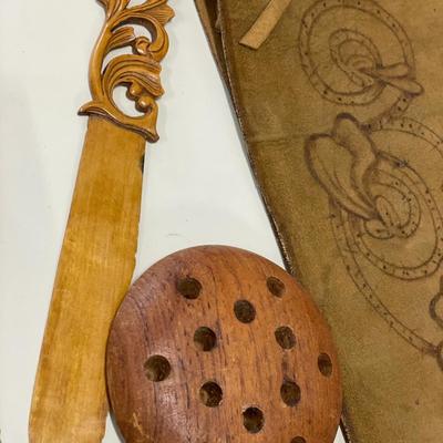 Wood flower frog, bookmark, leather binding and frame