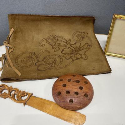 Wood flower frog, bookmark, leather binding and frame