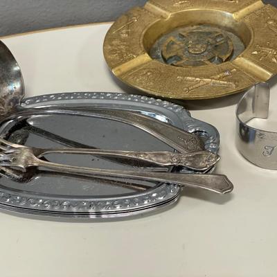 Brass ashtray and silver plate silverware