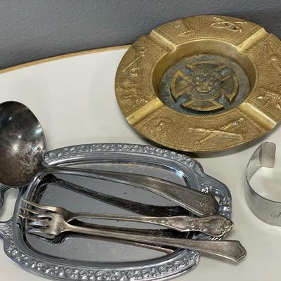 Brass ashtray and silver plate silverware