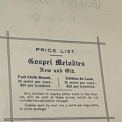 Sale Photo Thumbnail #87: Antique 1904 clothbound hymnal titled Gospel Melodies: New and Old, published by the Universalist Publishing House. Features early 20th-century gospel and worship music, with original price list and classic gothic-style lettering. A charming collectible f
