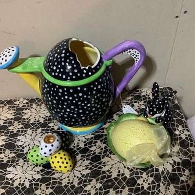 Sale Photo Thumbnail #343: You get Dept 56 large teapot, bunny tray with Easter eggs, and three egg candle holder.