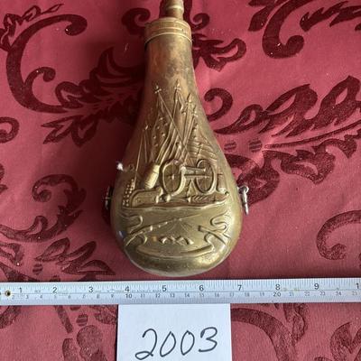 Vtg Brass Reproduction, Black Powder Flask/Horn Embossed W/Cannon & Flags Empty!
