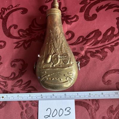 Vtg Brass Reproduction, Black Powder Flask/Horn Embossed W/Cannon & Flags Empty!