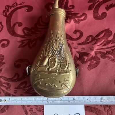 Vtg Brass Reproduction, Black Powder Flask/Horn Embossed W/Cannon & Flags Empty!