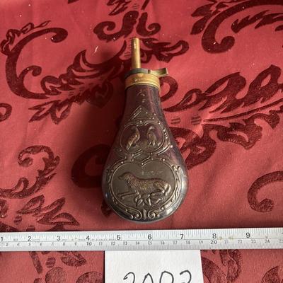 Replica 19th Century Embossed Metal Gun Powder Flask Hunting Dog Bird