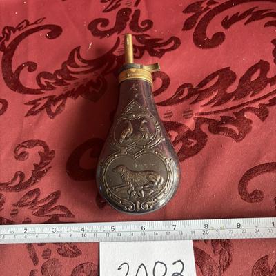 Replica 19th Century Embossed Metal Gun Powder Flask Hunting Dog Bird