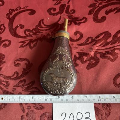 Replica 19th Century Embossed Metal Gun Powder Flask Hunting Dog Bird