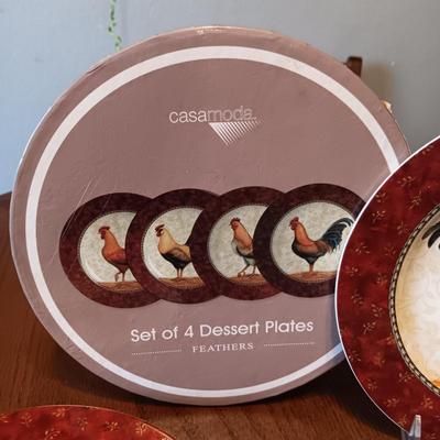 4 ROOSTER DESSERT PLATES, IRON TRIVET, SHALLOW BOWL AND COFFEE MUG